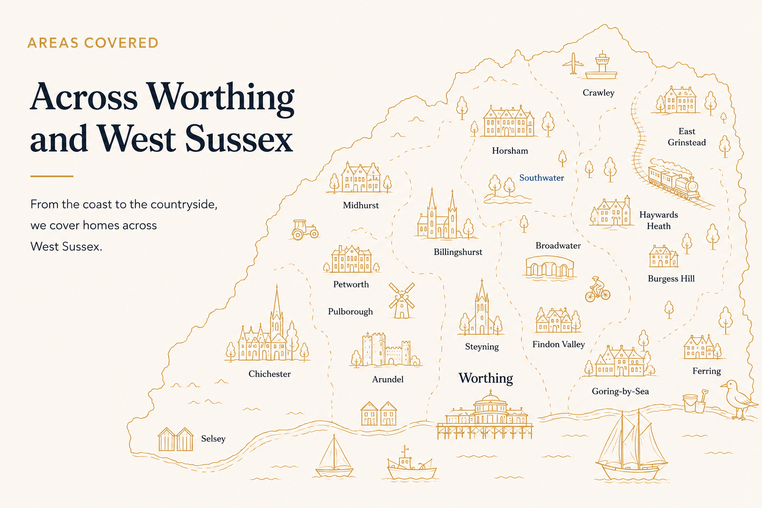 Illustrated map of the West Sussex areas covered by Worthing Carpet Cleaning